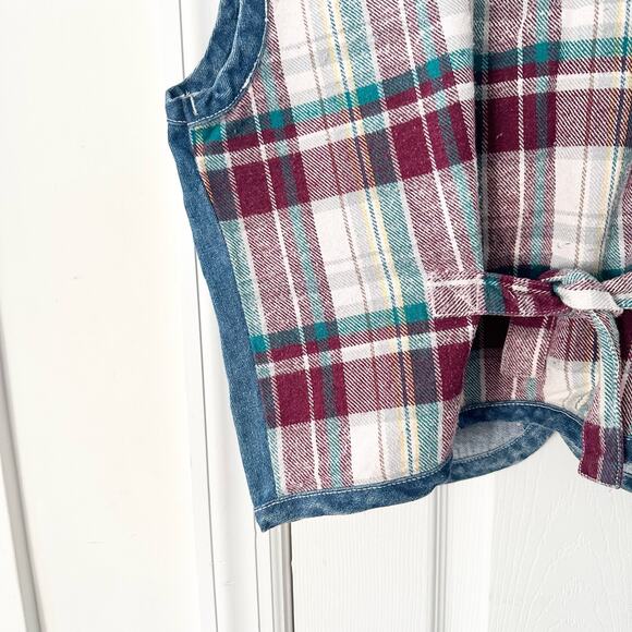 Metro Express Vintage Denim Chambray Red Plaid Flannel Back Button Vest L 14/16 - Picture 9 of 12